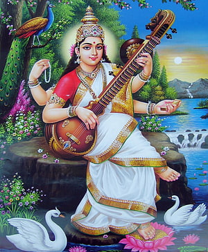 Saraswati Goddess Playing Veena With Peacock And Swans In Nature HD phone wallpaper
