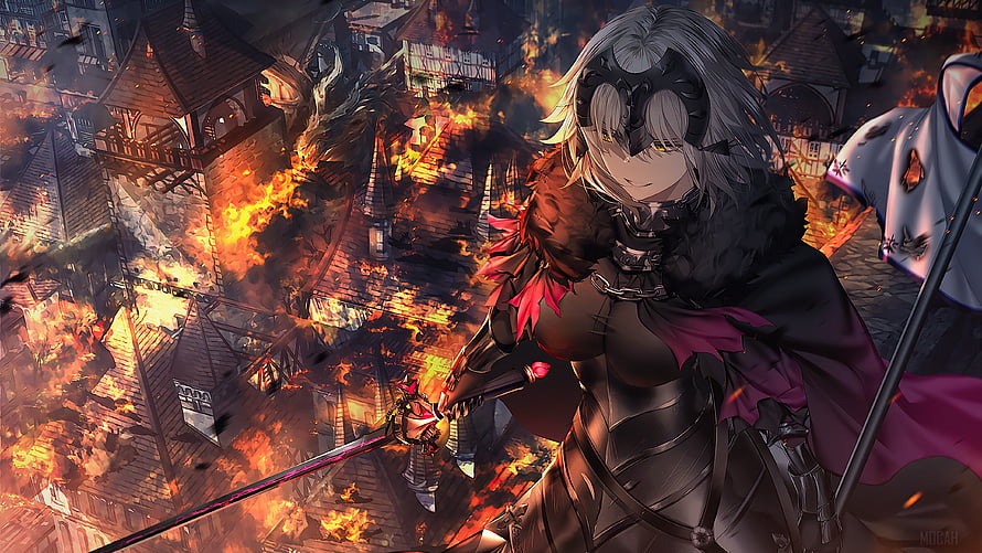 Jeanne d'Arc Alter from Fate Grand Order Standing Before a Burning Medieval City HD wallpaper