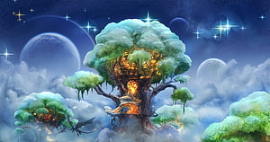 Glowing Fantasy Tree in a Starry Night Sky with Floating Clouds and Planets HD wallpaper