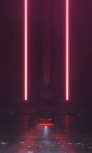 Blade Runner 2049 Futuristic Cityscape with Neon Light Beams and Hovering Vehicle HD phone wallpaper