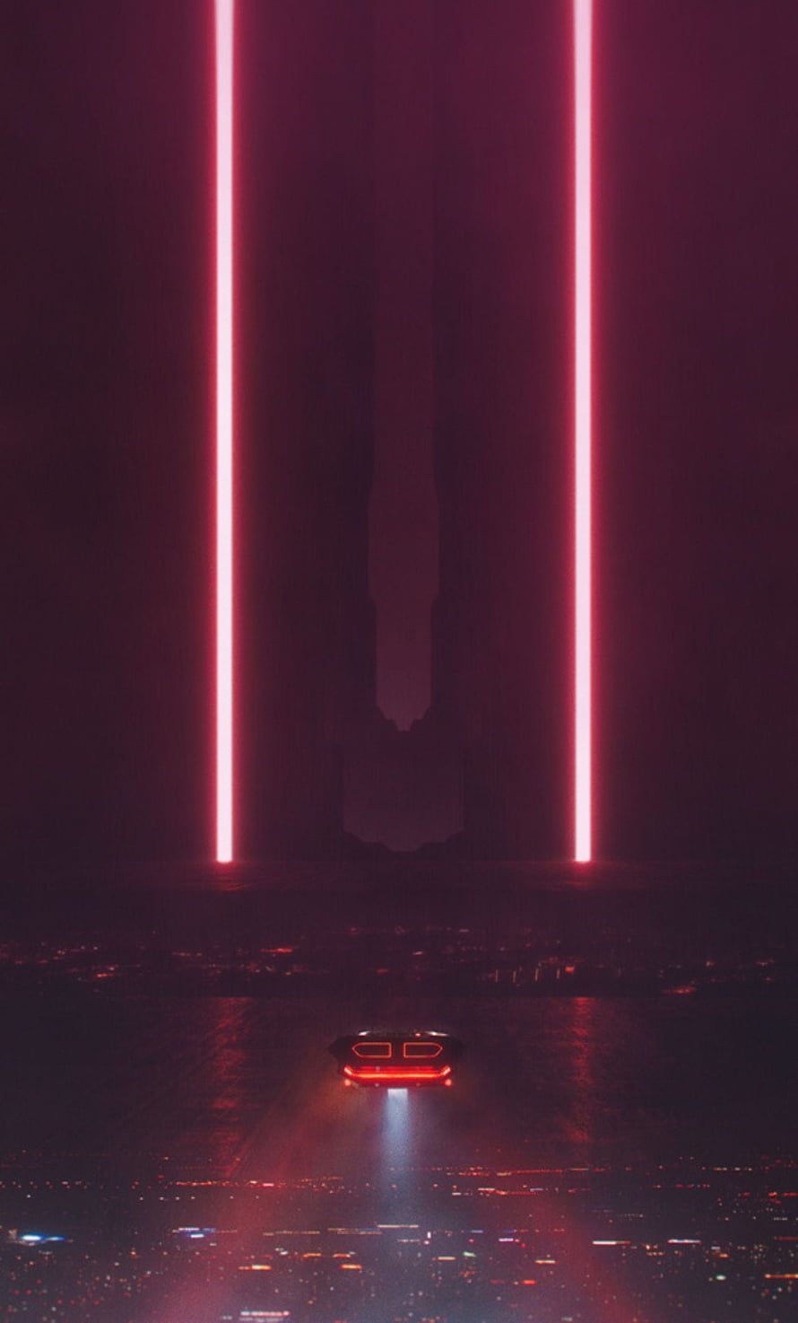 Blade Runner 2049 Futuristic Cityscape with Neon Light Beams and Hovering Vehicle HD phone wallpaper