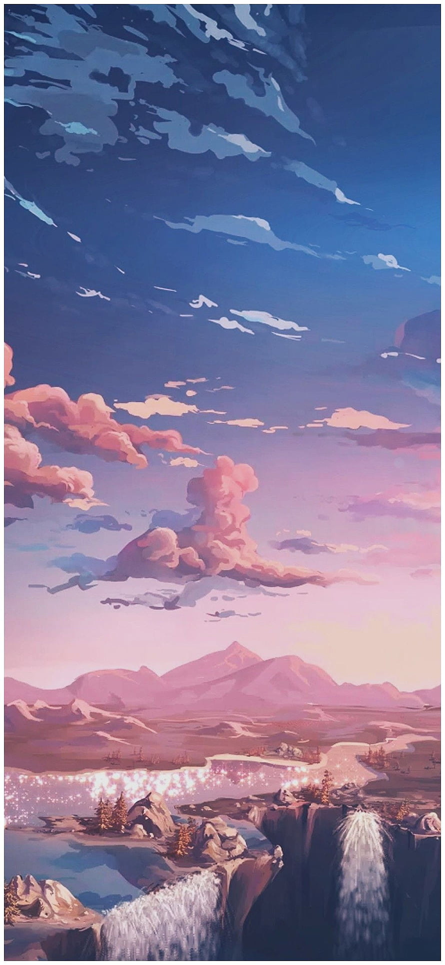 Anime Style Sunset Landscape With Pink Clouds, Mountains, And Waterfall HD phone wallpaper