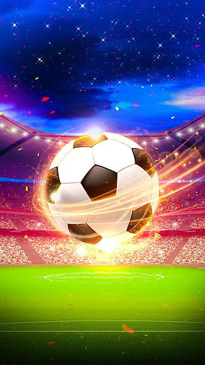 Glowing Soccer Ball in Vibrant Stadium Under Starry Night Sky with Confetti HD phone wallpaper
