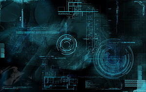 Futuristic Blue Digital HUD Interface with Circular Gauges and Schematics HD wallpaper