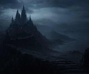 Dark Gothic Castle on a Misty Mountain Peak at Night HD wallpaper