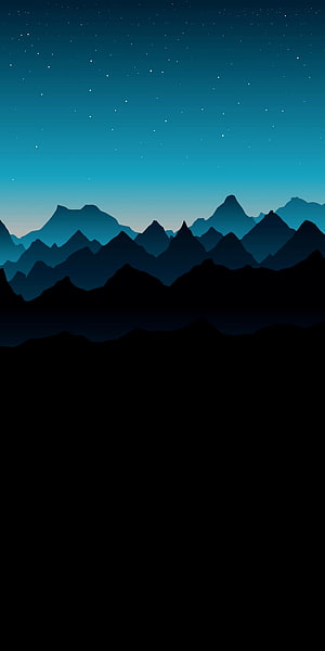 Minimalist Night Mountain Landscape With Starry Sky And Blue Gradient Silhouettes HD phone wallpaper