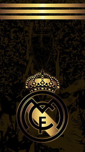 Real Madrid Gold Crest Emblem With Champions League Trophy Silhouette On Dark Background HD phone wallpaper
