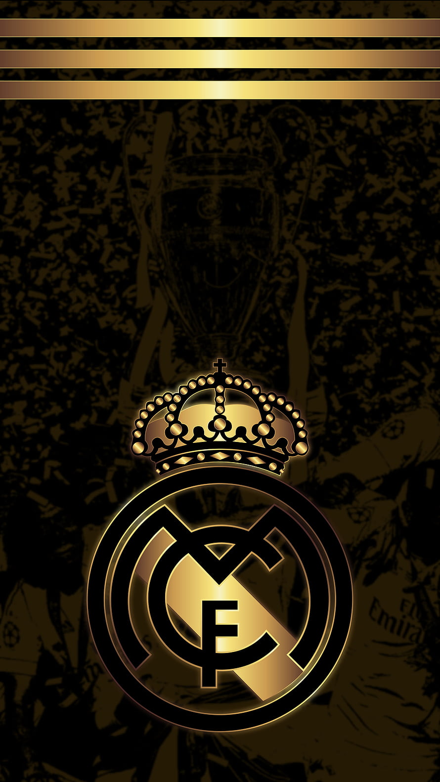 Real Madrid Gold Crest Emblem With Champions League Trophy Silhouette On Dark Background HD phone wallpaper