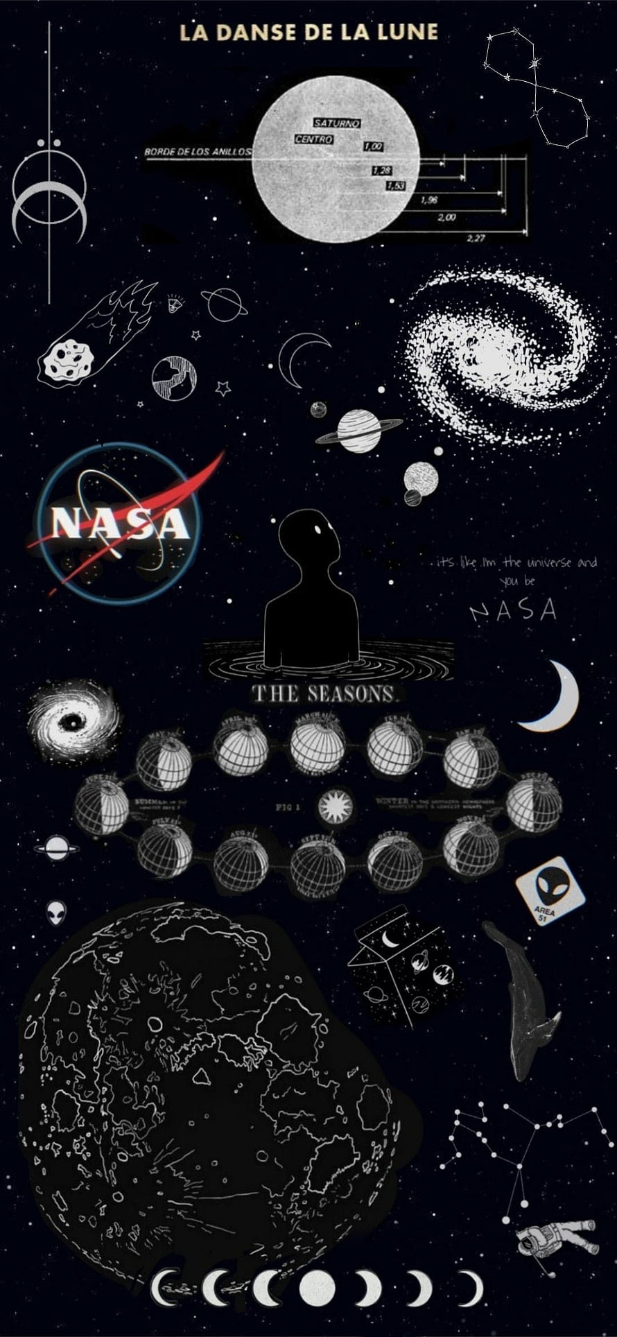 NASA Space Aesthetic Collage Featuring Moon Phases, Planets, and Celestial Diagrams HD phone wallpaper