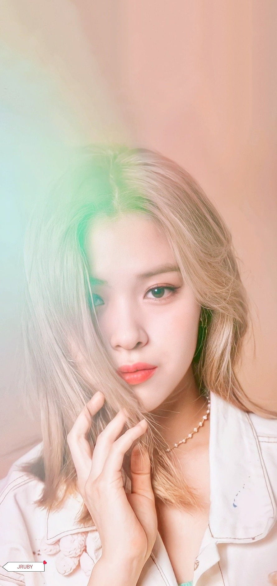 RyuJin from ITZY in a soft pastel portrait with dreamy green light flare and delicate pearl necklace HD phone wallpaper