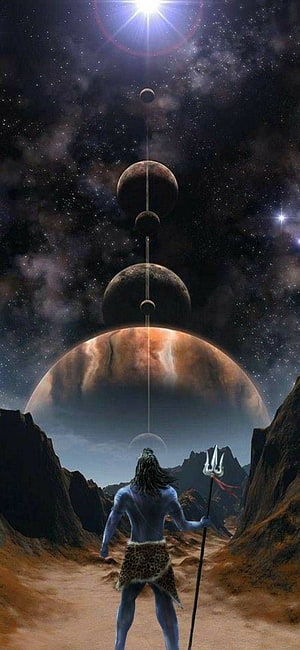 Lord Shiva Standing in Desert Canyon Gazing at Aligned Planets and Cosmic Starry Sky HD phone wallpaper