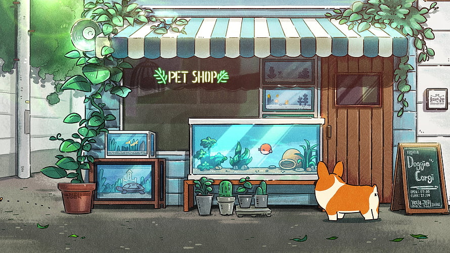 Cute Corgi Staring at Fish Tank Outside Cozy Pet Shop Illustration HD wallpaper