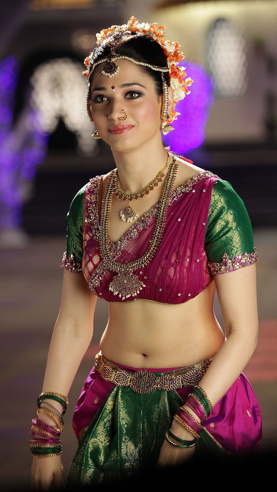Tamannaah Bhatia in Traditional Green and Pink Saree with Gold Jewelry, Tamanna Bhatia, navel, telugu actress HD phone wallpaper