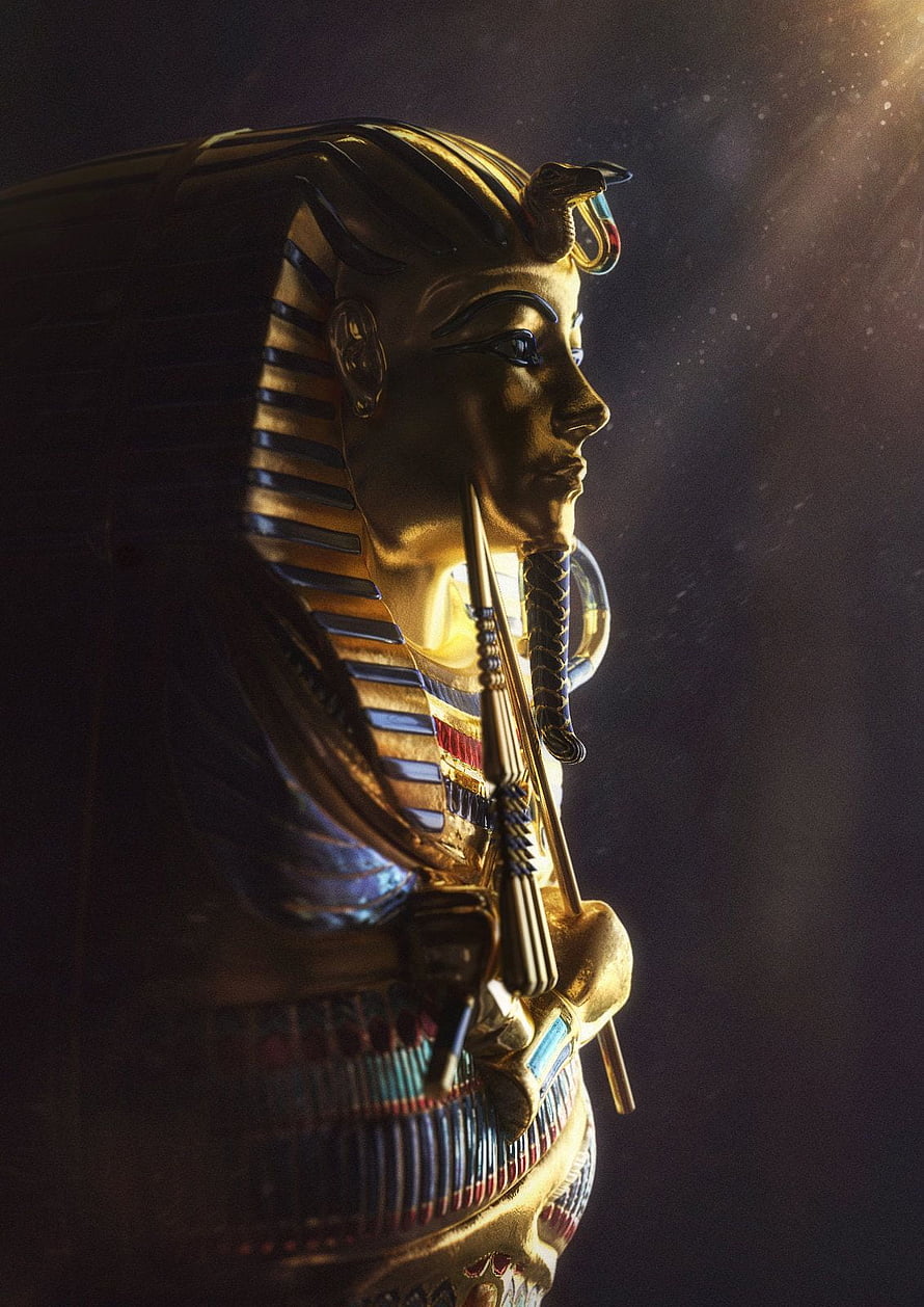 Golden Pharaoh Bust in Dramatic Profile with Nemes Headdress and Ceremonial Scepters HD phone wallpaper
