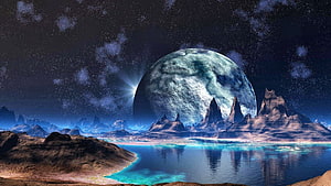 Alien Planet Landscape with Giant Moon and Turquoise Water Under Starry Sky HD wallpaper