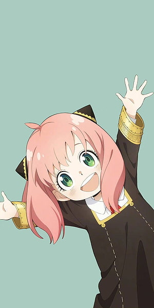 Anime Girl with Pink Hair and Green Eyes Waving in Black Outfit HD phone wallpaper