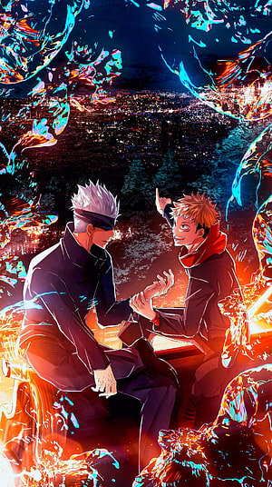 Jujutsu Kaisen Satoru Gojo and Yuji Itadori Sitting Together With Glowing Energy Effects Over a Night Cityscape HD phone wallpaper