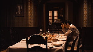 Man in Suit Sitting Alone at Long Dining Table in Dark Room, The Godfather II, Michael Corleone HD wallpaper