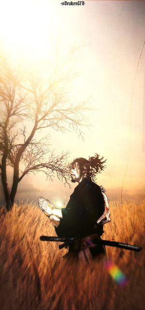 Samurai Warrior Standing in Golden Wheat Field at Sunset with Katana HD phone wallpaper
