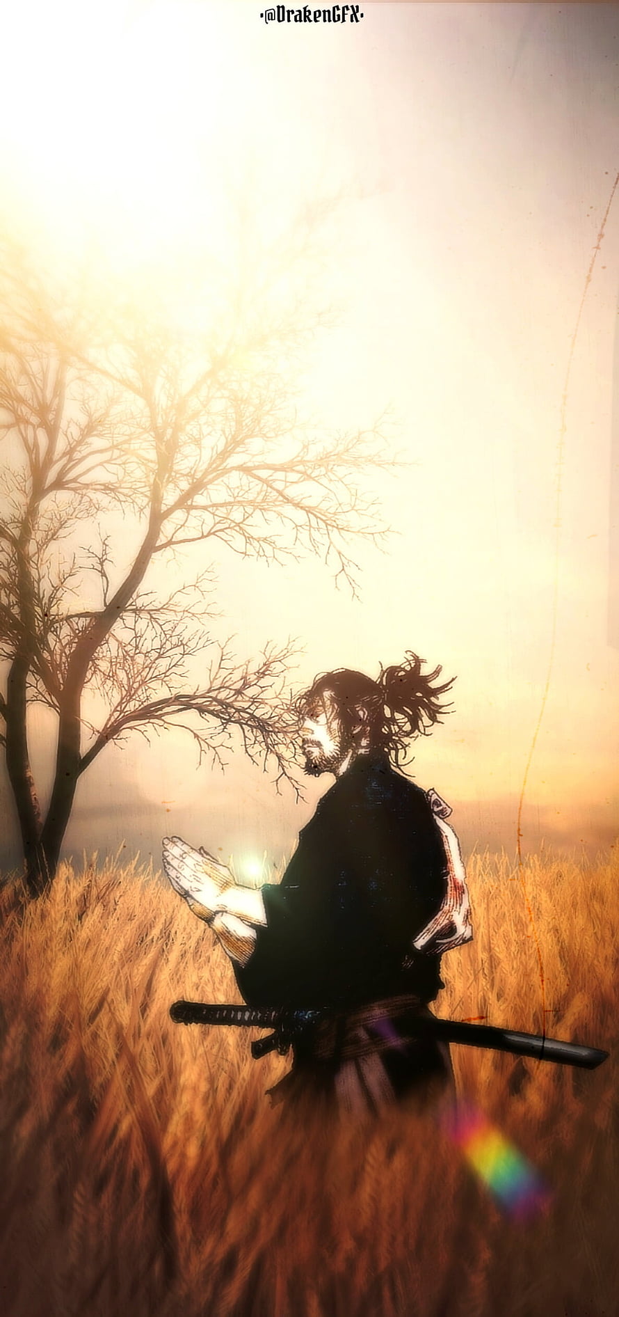 Samurai Warrior Standing in Golden Wheat Field at Sunset with Katana HD phone wallpaper
