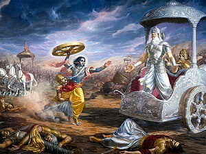 Krishna Wields Sudarshana Chakra Against Bhishma on the Battlefield of Kurukshetra HD wallpaper