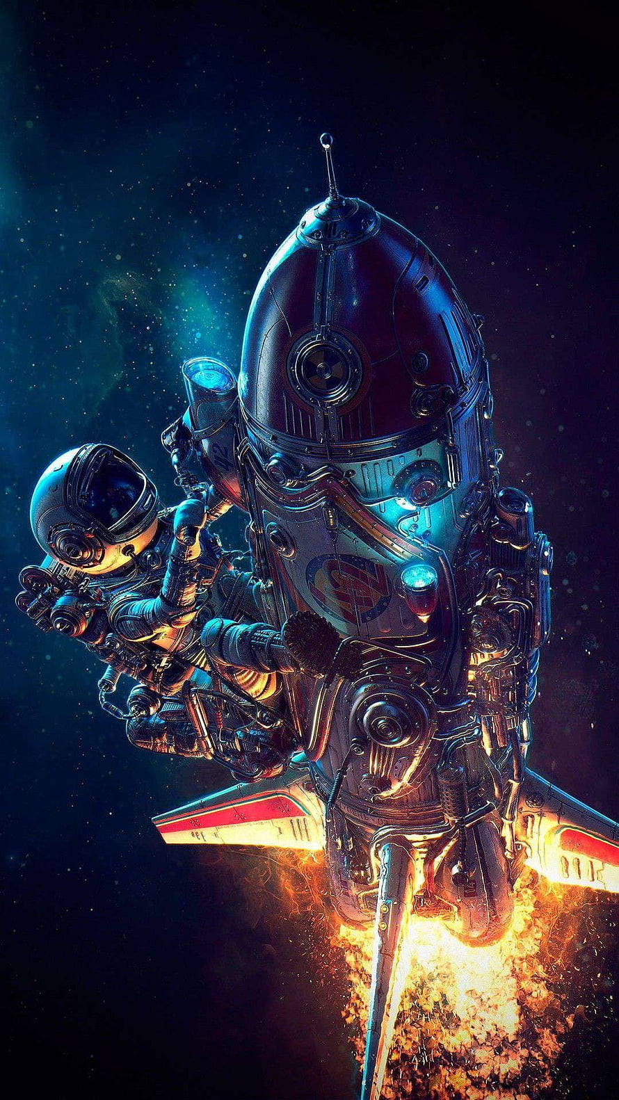 Retro-Futuristic Astronaut Repairing a Vintage Rocket Ship in Deep Space HD phone wallpaper