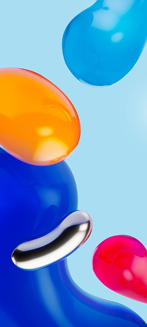 Abstract 3D Render of Glossy Colorful Liquid Blobs and Fluid Shapes on Blue Background HD phone wallpaper