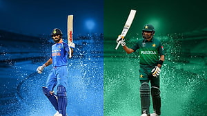 Virat Kohli and Babar Azam Cricket Rivalry Split Screen Wallpaper HD wallpaper