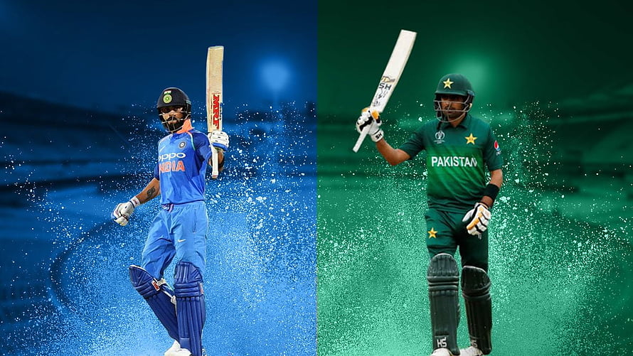 Virat Kohli and Babar Azam Cricket Rivalry Split Screen Wallpaper HD wallpaper
