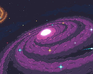 Pixel Art Purple Spiral Galaxy With Glowing Core And Distant Planet HD wallpaper
