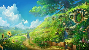Whimsical Hobbiton Hillside Village with Round Doors and Lush Greenery HD wallpaper