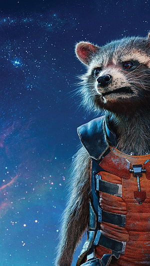 Rocket Raccoon in Orange Armor Against a Starry Nebula Sky HD phone wallpaper