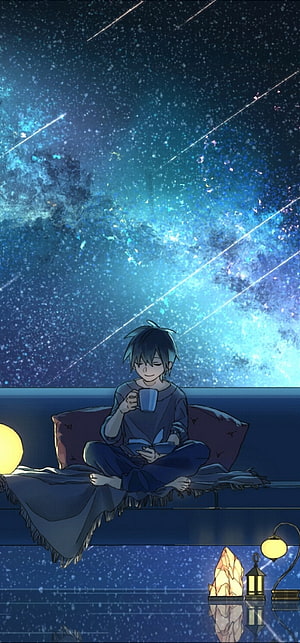 Anime Boy Sitting Cross-Legged Under a Starry Night Sky with Shooting Stars HD phone wallpaper