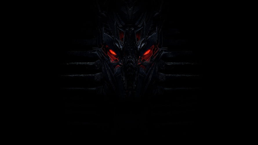 Dark Mechanical Dragon Head With Glowing Red Eyes In The Shadows HD wallpaper