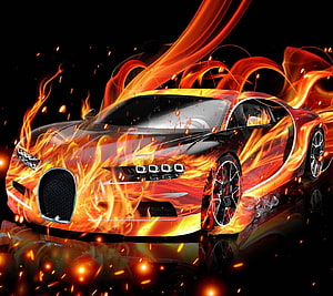 Bugatti Chiron Super Sport engulfed in dynamic flames and fiery sparks on black background HD wallpaper