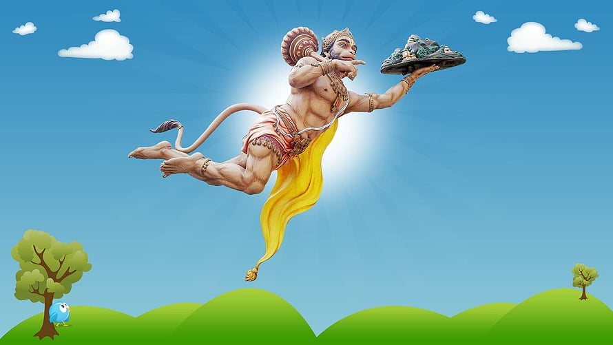 Hanuman Flying Through the Sky Carrying the Sanjeevani Mountain, Flying Hanuman , Hanuman Flying HD wallpaper