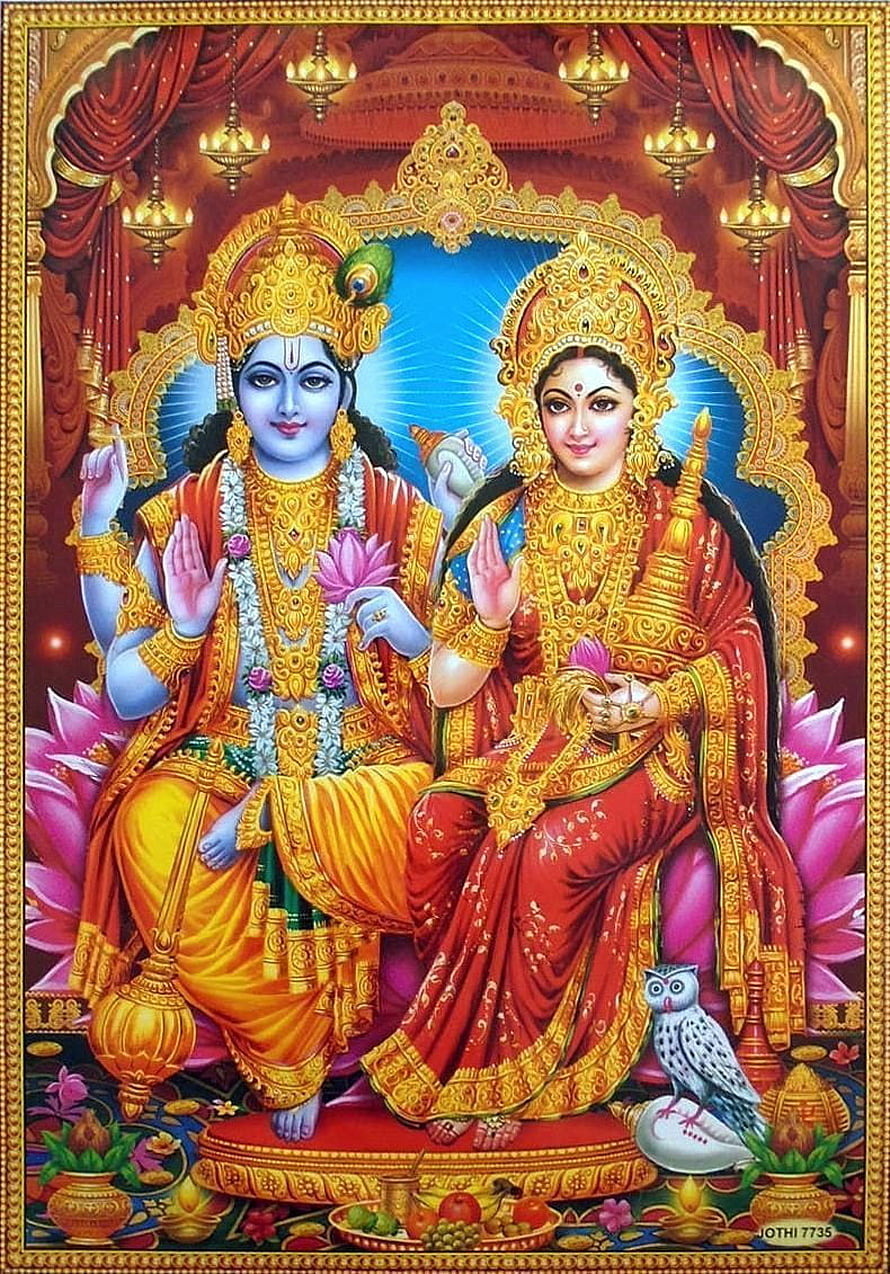Laxmi Narayan Divine Couple Seated on Lotus Throne with Owl and Offerings HD phone wallpaper