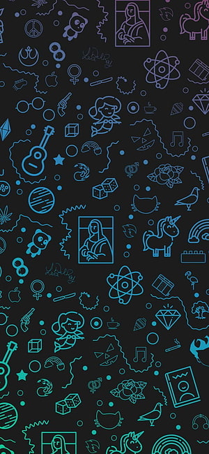 Colorful Line Art Icon Pattern on Dark Background HD phone wallpaper