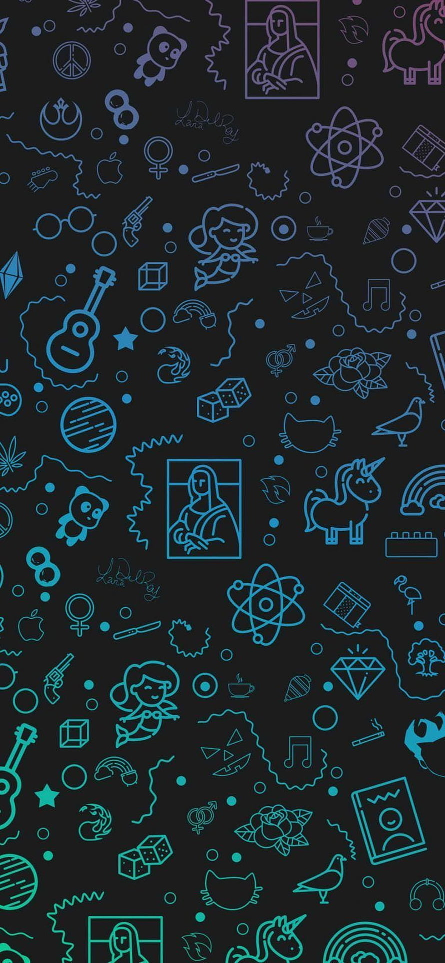 Colorful Line Art Icon Pattern on Dark Background HD phone wallpaper