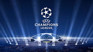 UEFA Champions League Official Logo and Starball Emblem on a Dramatic Blue Stadium Background HD wallpaper