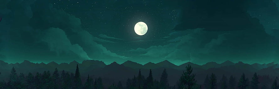 Full Moon Over Dark Mountain Range and Pine Forest at Night HD wallpaper