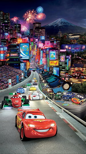 Lightning McQueen Racing in Tokyo with Mount Fuji and Fireworks in Cars 3 HD phone wallpaper