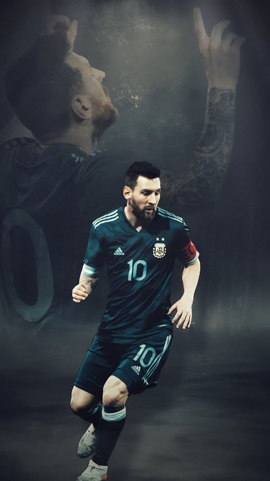 Lionel Messi in Argentina Away Kit Running with Dramatic Background HD phone wallpaper