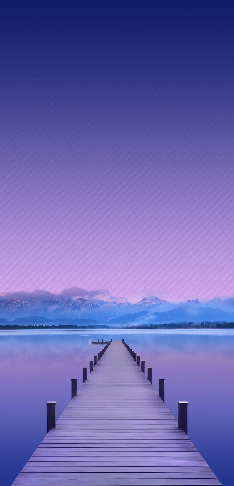 Serene Wooden Pier Extending Into Calm Lake With Distant Snow-Capped Mountains Under a Soft Purple Twilight Sky HD phone wallpaper