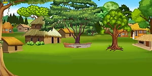 Cartoon Village Scene With Thatched Huts, Green Trees, And A Stone Well HD wallpaper
