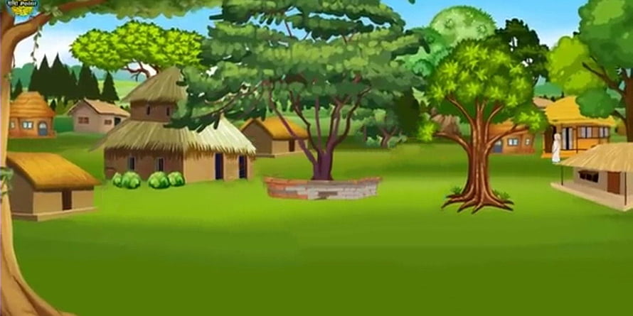 Cartoon Village Scene With Thatched Huts, Green Trees, And A Stone Well HD wallpaper