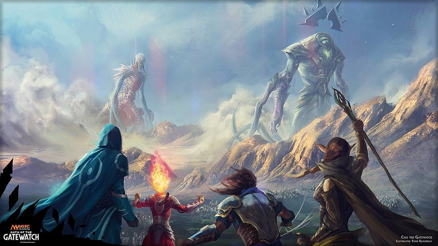 Magic: The Gathering Path of the Gatewatch Artwork Featuring Heroes and Giant Creatures HD wallpaper