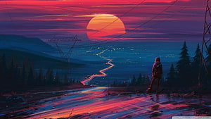 Lone Figure Gazing at Neon Sunset Over Winding River and Distant City Lights HD wallpaper