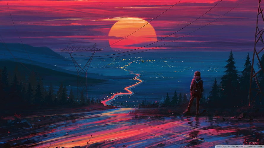 Lone Figure Gazing at Neon Sunset Over Winding River and Distant City Lights HD wallpaper