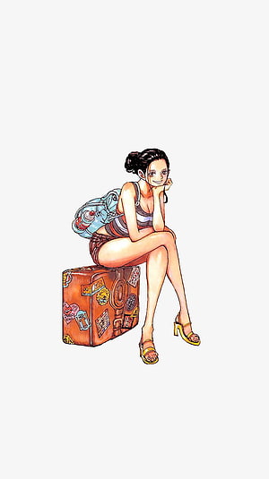 Nico Robin from One Piece Sitting on a Vintage Suitcase with Travel Stickers HD phone wallpaper